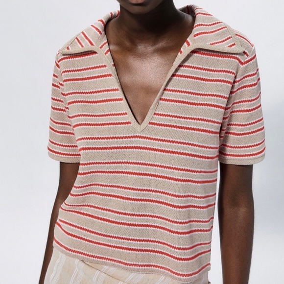 Zara Tops - Zara Retro Striped V-Neck Short Sleeve Top